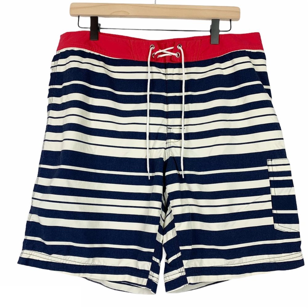 J Crew Red Navy Stripe Nylon Board Shorts sz 33